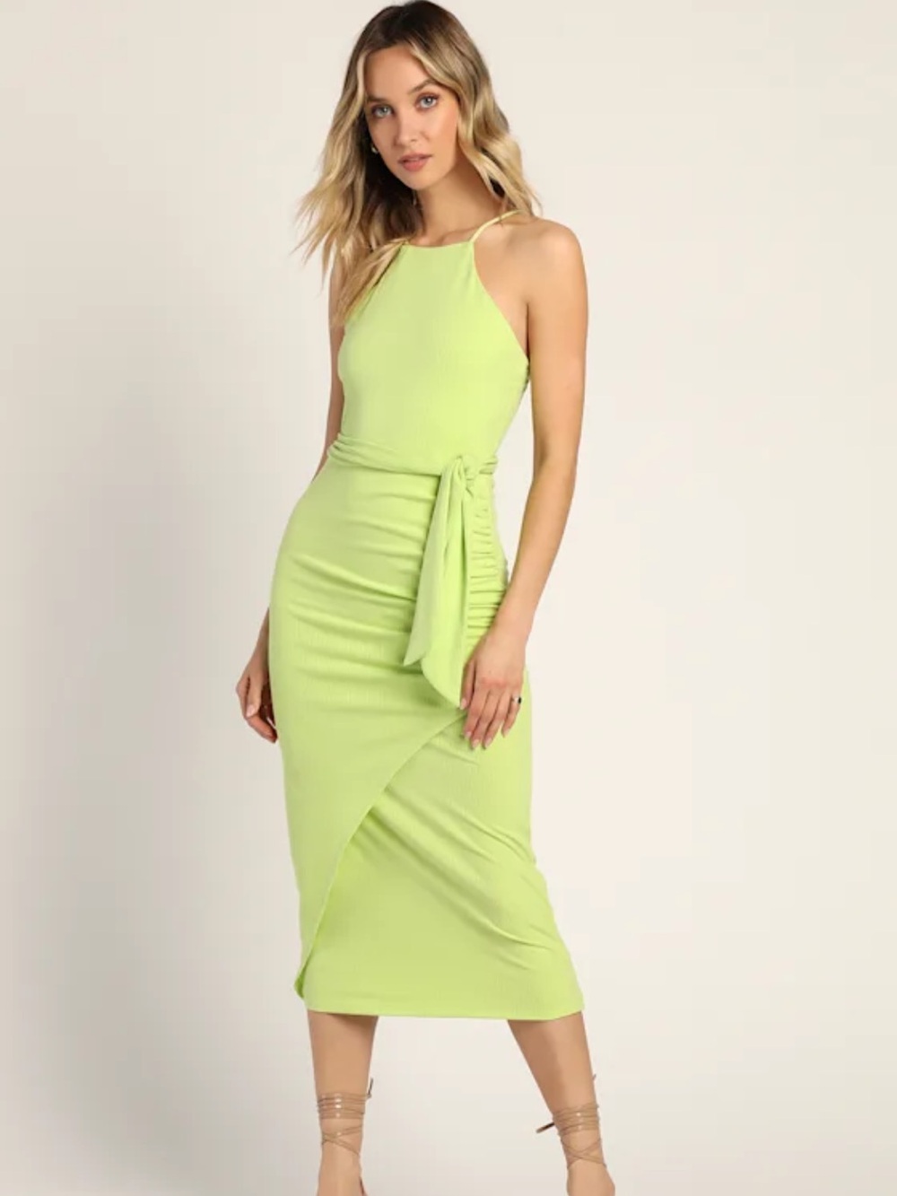 LULUS Out Ahead Light Green Ribbed Ruched Halter Midi Dress
